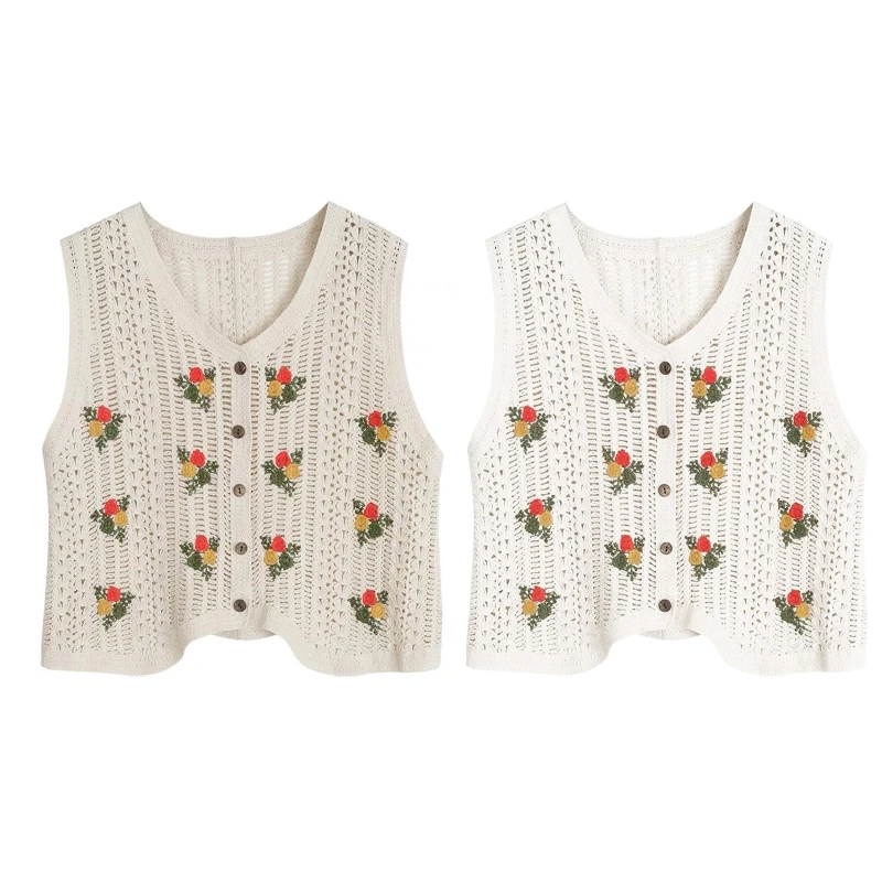 

Women's V Neck Knitted Vest Crocheted Embroidery Sleeveless Cardigans for Autumn
