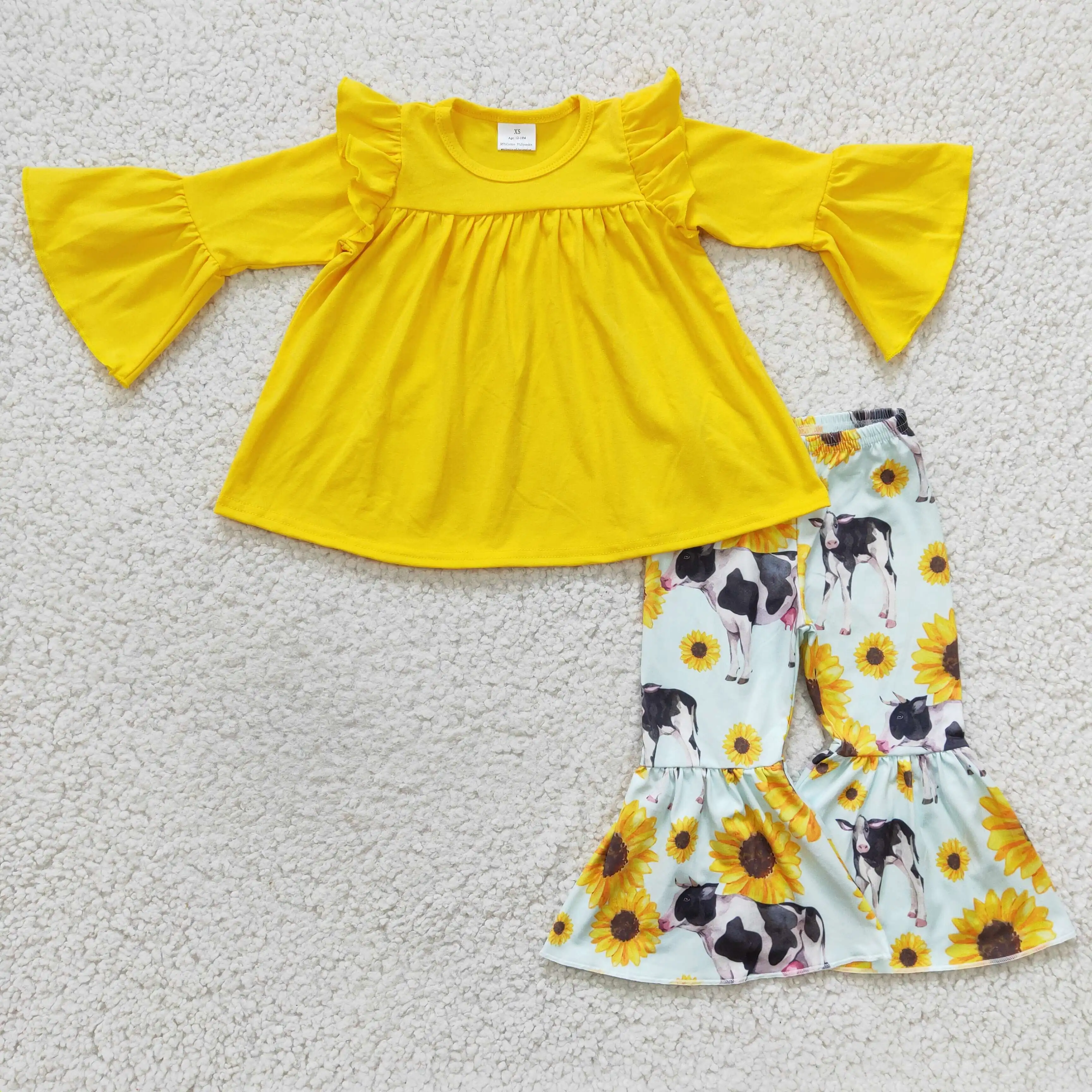 

GLP0374 Girls Boutique Wholesale Fall Clothing Cow Sunflower Yellow Long Sleeve Trousers Set