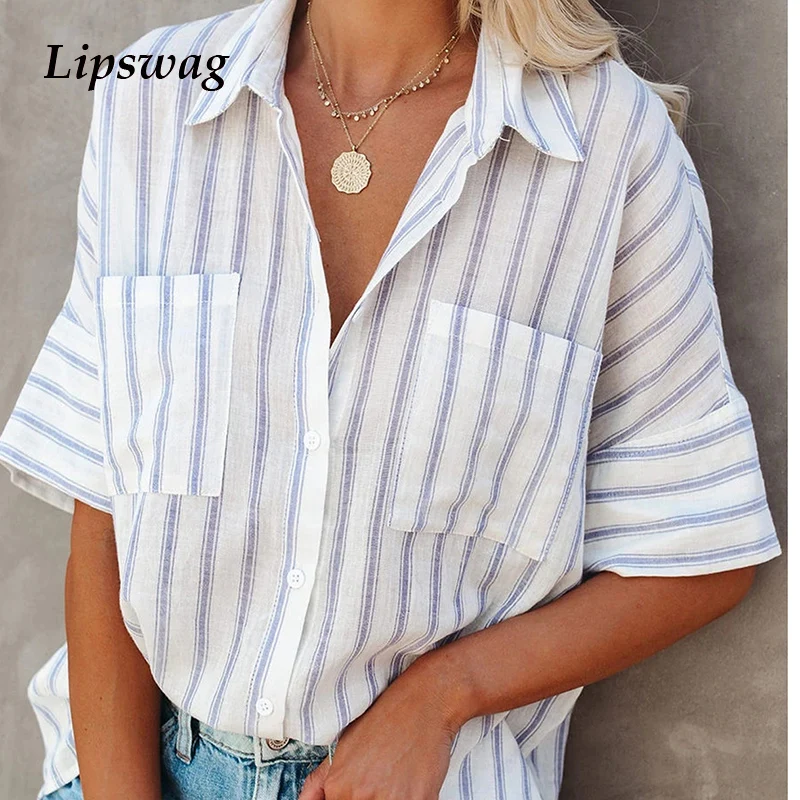 

2022 spring and summer new five-point sleeve striped shirt women's European and American loose single-breasted loose shirt