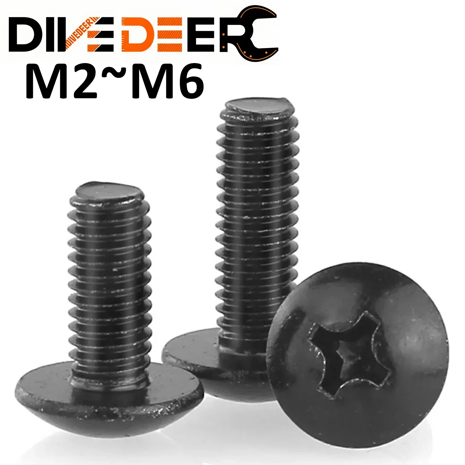 Фото DIVEDEER 10 ~ 100 шт. M2 M2.5 M3 M3.5 M4 M5 M6 с черным покрытием из электронной углеродистой стали с крестообразным шлицем и крестообразным шлицем, болт с грибовидной головкой №1