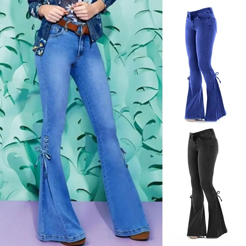 

Women Jeans Mid Waist Bandage Wide Leg Butt-lifted Lady Jeans for Daily Wear