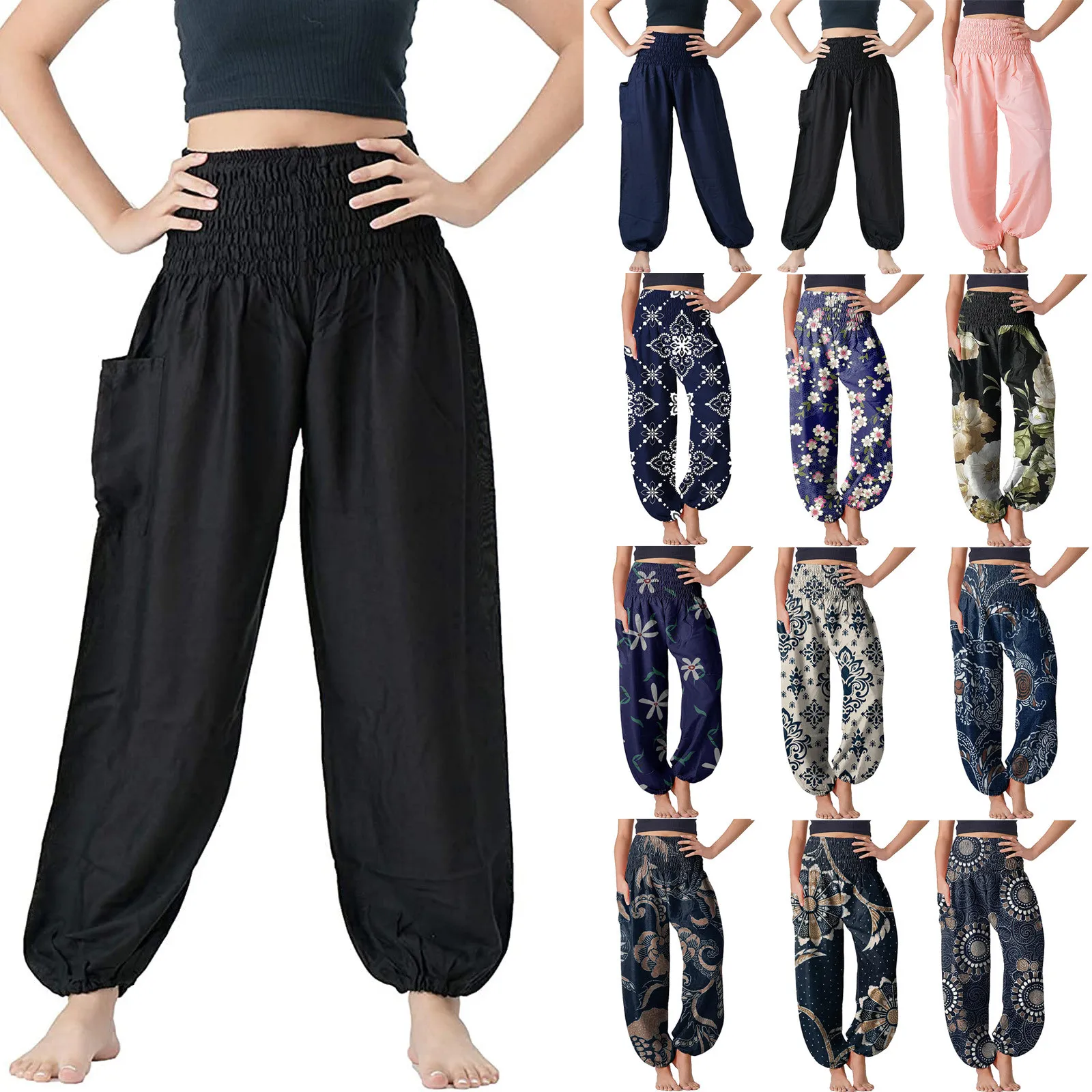 

Comfy Boho Pants Pocket Wide-leg Loose Trousers High Elastic Waist Sport Yoga Pants Hippie Lounge Bohemia Trousers Harem Pants