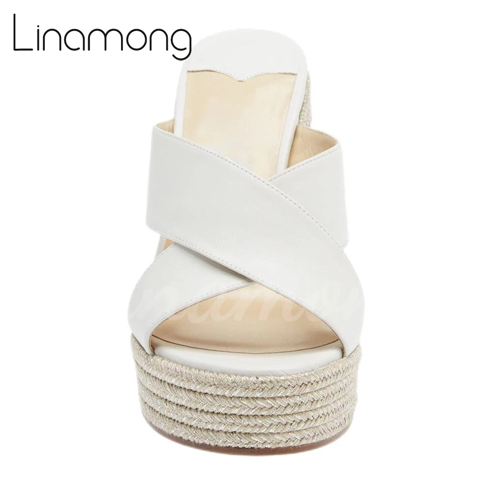 Cross-Strap Leather Espadrilles Slippers Solid Color Wedge Sandals Round Toe Comfortable Summer Shoes Private Custom Slippers