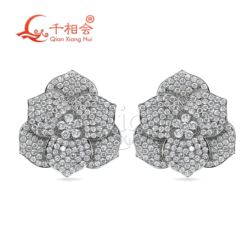 37*37mm big flat flowers S925 silver   earrings ear stud D vvs white moissanite stone Earring earrings jewelry woman gift