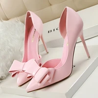 bigtree 7 colors sweet bowtie pointed toe women pumps new fashion patent leather sexy side cut outs shallow high heels shoes