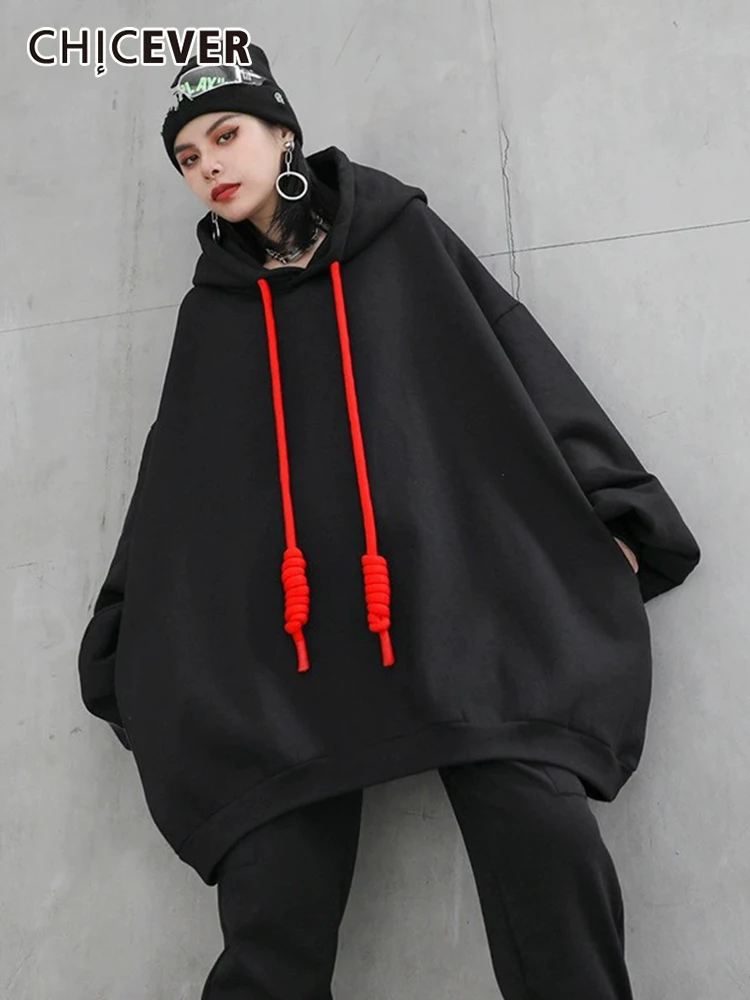 CHICEVER Korean Hooded Sweatshirts For Women Long Sleeve Hit Color Patchwork Drawstring Loose Sweatshirt Female 2022 Winter New