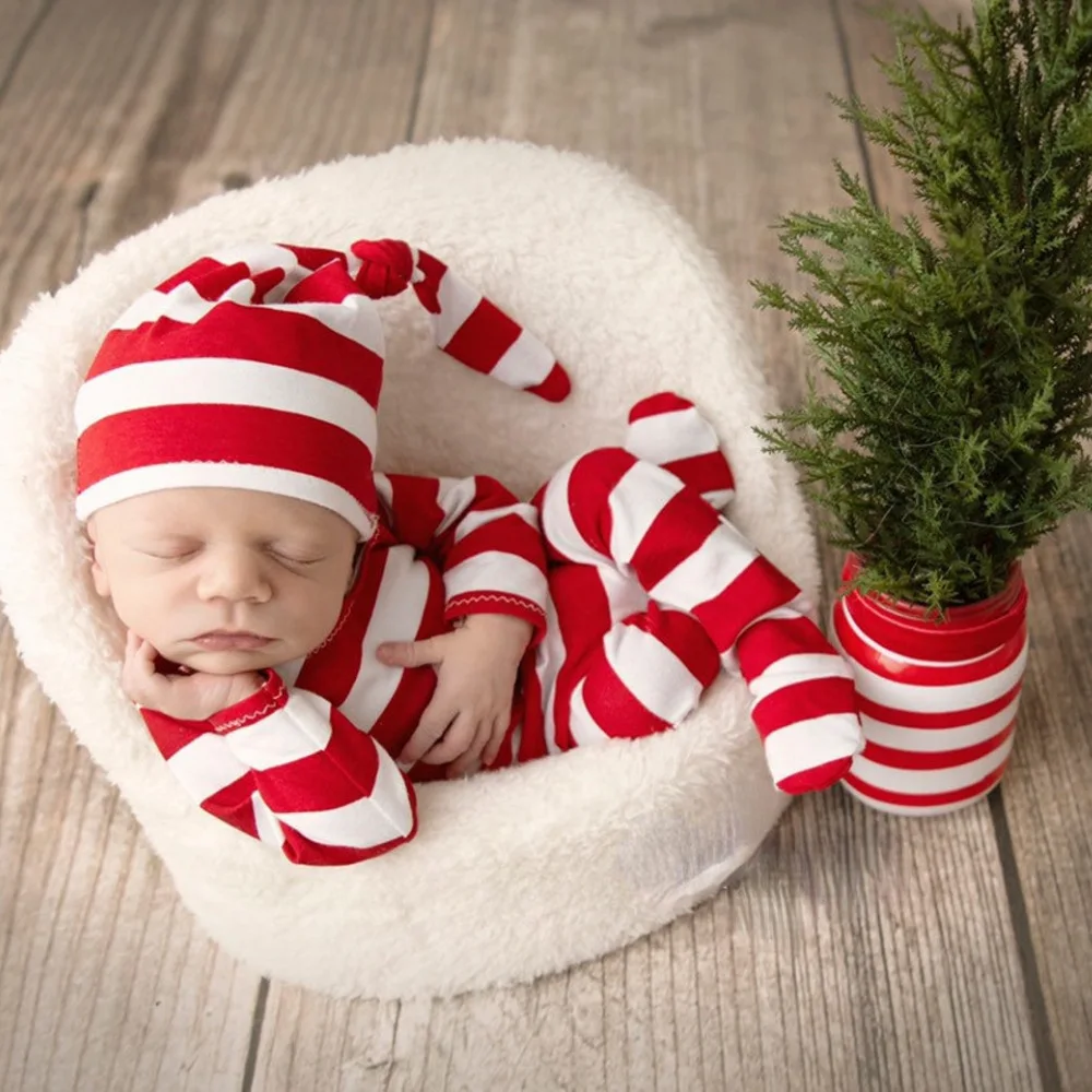 ❤️Newborn Photography Christmas Clothing Stripe Hat+Jumpsuit 2Pcs/set Studio Baby Photo Props Accessories Costume Outfits