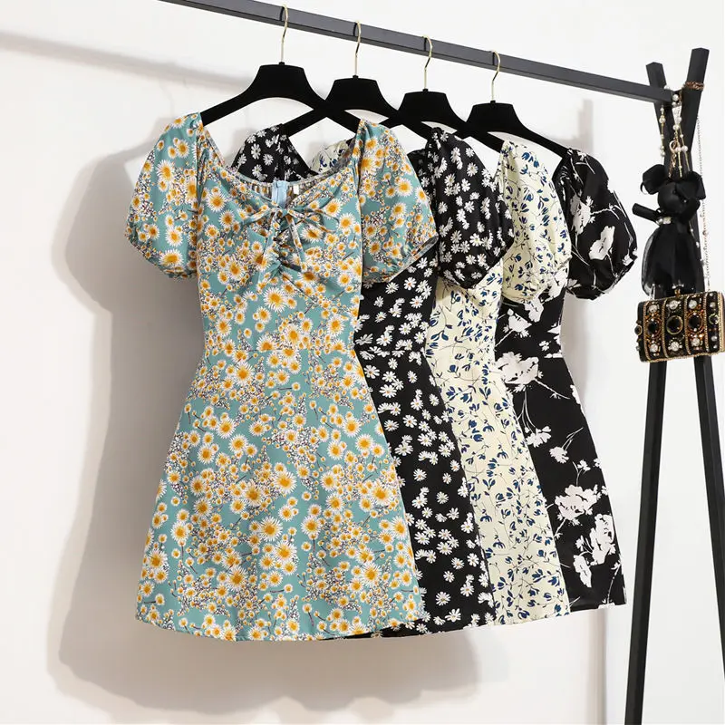 

Boho Summer Dress Vintage Women Black Green Fashion A Line Mini Party Dress Sexy Puff Short Sleeve Beach Dresses Vestidos Mujer