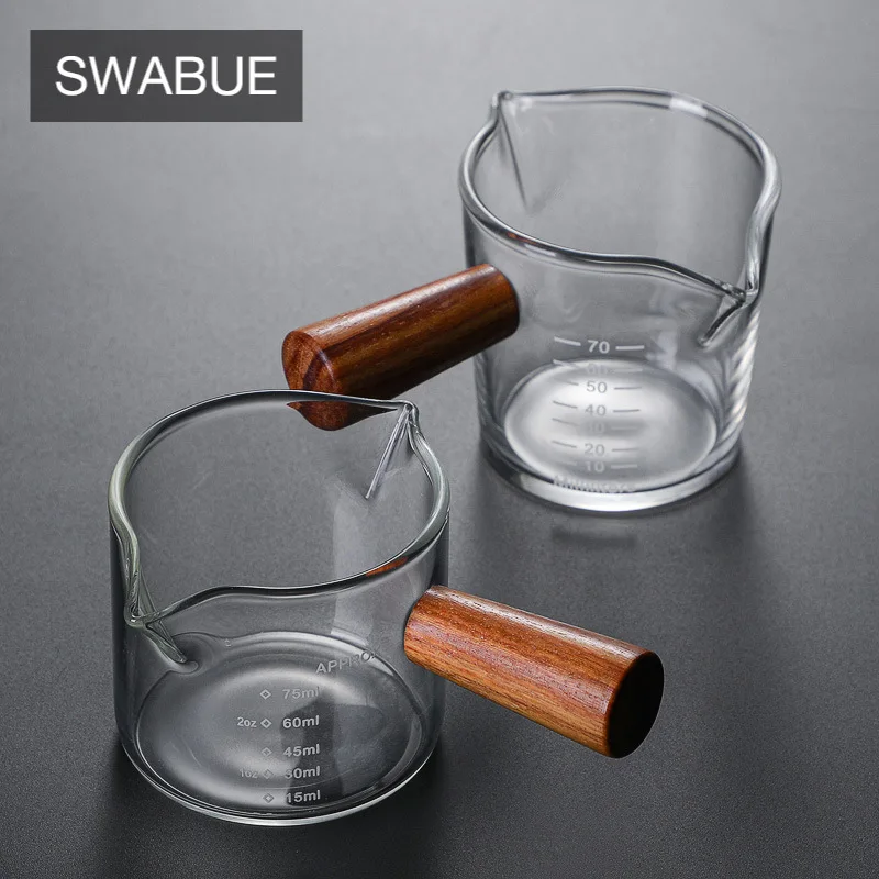 

Double Wall Glass Tumbler Coffee Maker Mug Heat Resistant Wooden Handle Glass Scale Cup High Borosilicate Espresso Measuring Cup