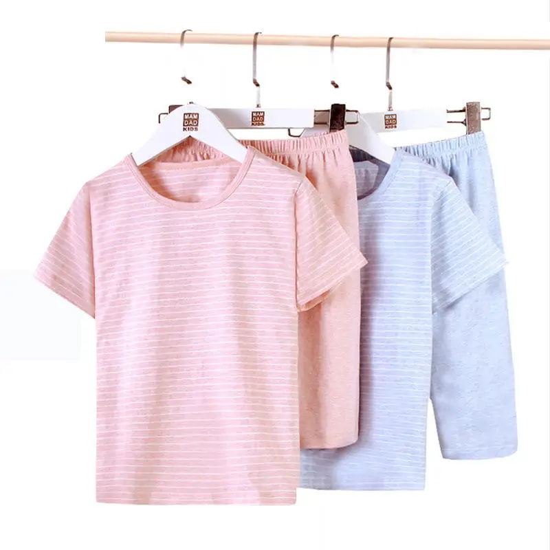 

Детский пижамный комплект, летняя детская одежда для сна с коротким рукавом, однотонная хлопковая домашняя одежда для мальчиков и девочек, ...