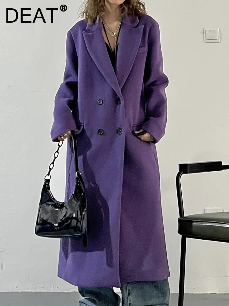 

DEAT Fashion Women Woolen Coat Lapel Loose Double-breasted Long Sleeve Pocket Purple Overcoat Female Winter 2023 New 17A5479