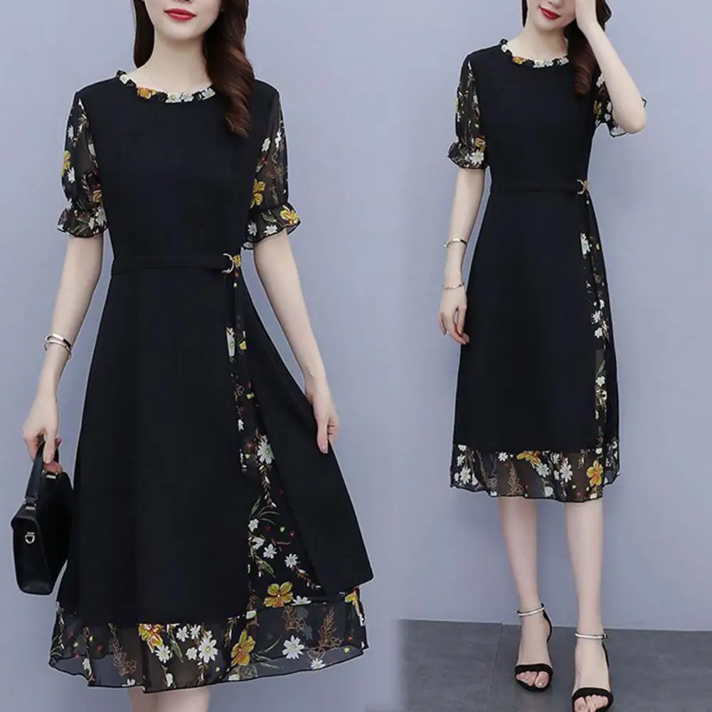 

Casual Dress Puff Short Sleeve Midi Dress Fake Two Piece Floral Patchwork A-Line Dress