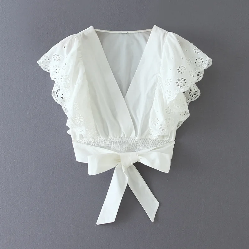 

Women blouses summer white short sleeve goth blouse women 2022 esthetic knot on waist loose shirts cotton tops femmes blouses