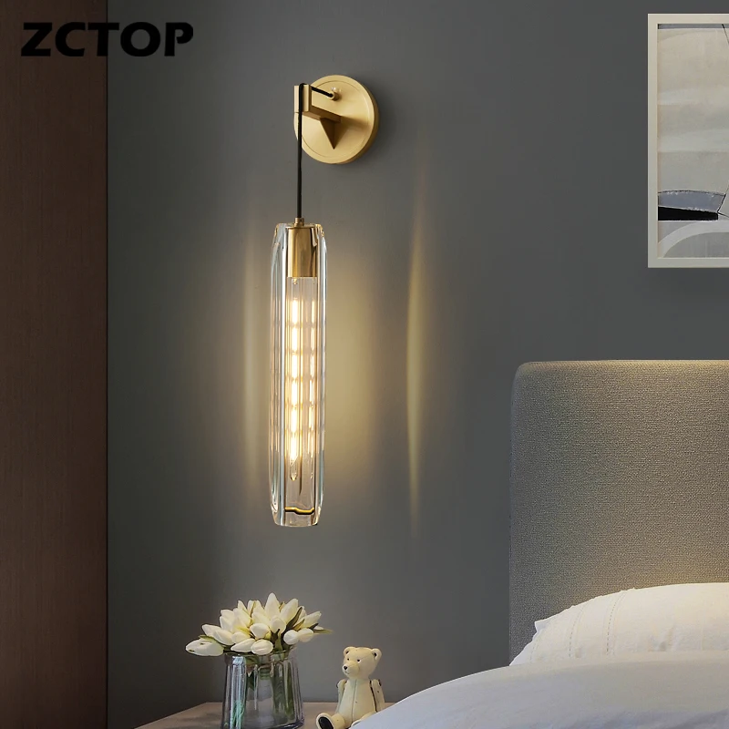 

New Crystal LED Wall Lamp All Copper Gold Sconce For Living Room Loft Stair Corridor Aisle Light Bedroom Bedside Deco Wall Light