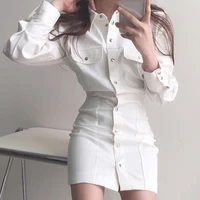 women korean fashion elegant shirt dress 2021 autumn new white retro lapel single breasted slim fit long sleeve bag hip dresses