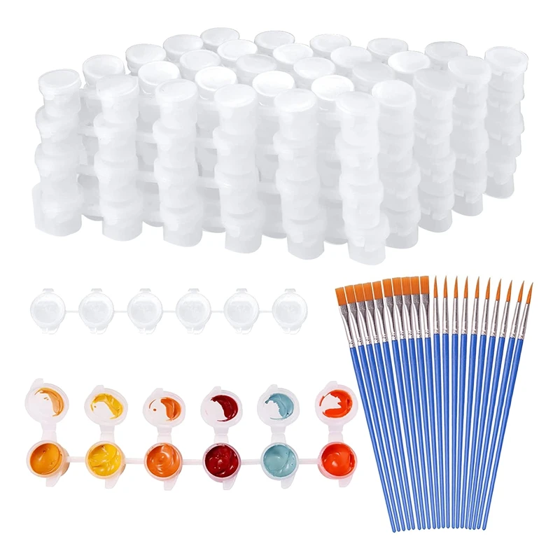 PPYY-20 Strips 120 Pots Empty Paint Strips and 20 Pieces Paint Brushes,Paint Cup Clear Plastic Storage Containers,3Ml/0.17Oz