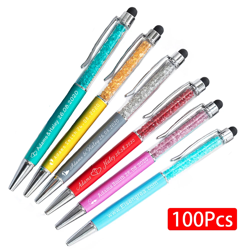 

100Pcs Personalized Pen Engraved Metal Ballpoint Pens Diamond Customize Company Logo Baby Shower Baptism Wedding Gift Decoration