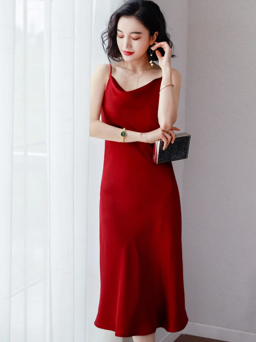 

Silk women's satin Summer Black party Sleeveless Mermaid Evening MIDI Spaghetti belt 2022 vintage new suit inside