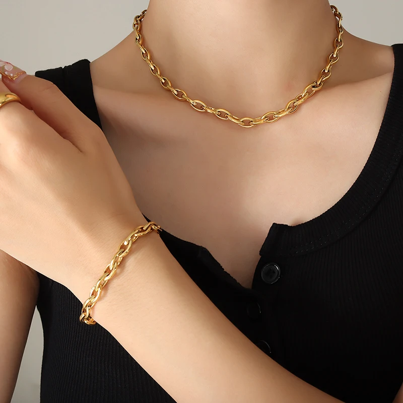 

Chain Jewelry Set Necklace Bracelet Stainless Steel Gold Plated Trend Hip Hop Punk Jewelry Couple Accessories Wholesale