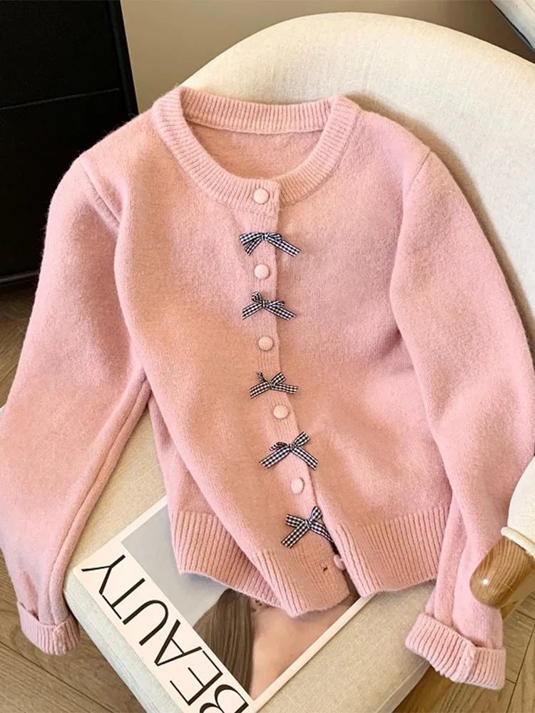 Женский кашемировый свитер с синим бантом в стиле Харадзюку корейский длинными