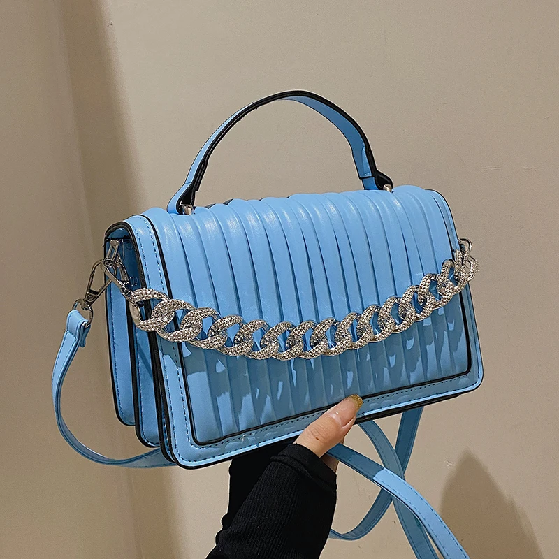 

Thick Chain Small PU Leather Crossbody Bags with Pleats for Women 2022 Designer Fashion Lady Luxury Brand Shoulder Handbags