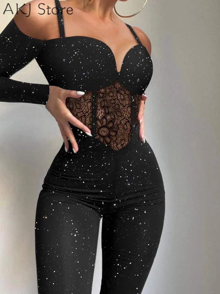 

Women Glitter Cold Shoulder Contrast Lace Corset Jumpsuit