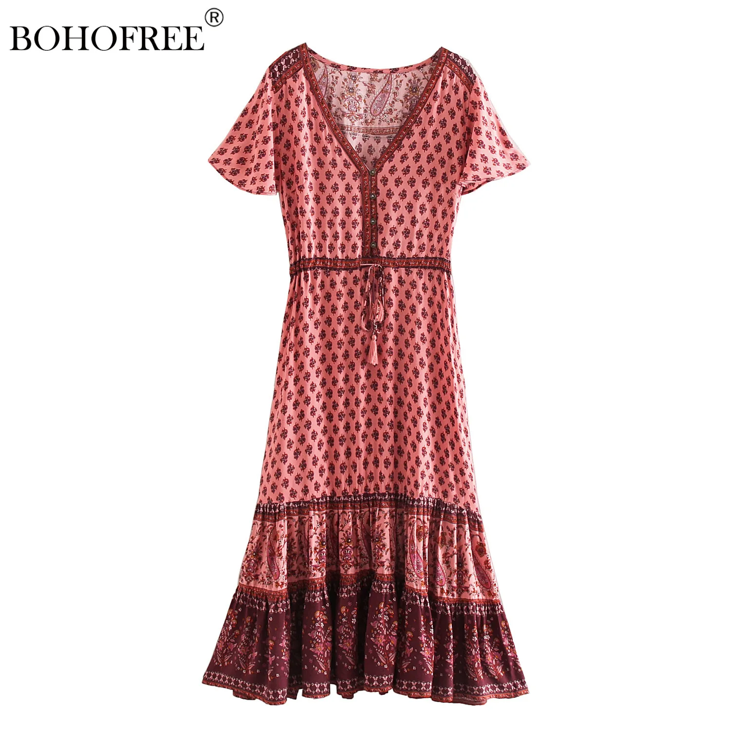 

Vintage Chic V Neck Short Sleeve Rayon Cotton Vestidos Vacation Style Ethnic Inspired Maxi Hippie Dress Summer Dress Beach Wear