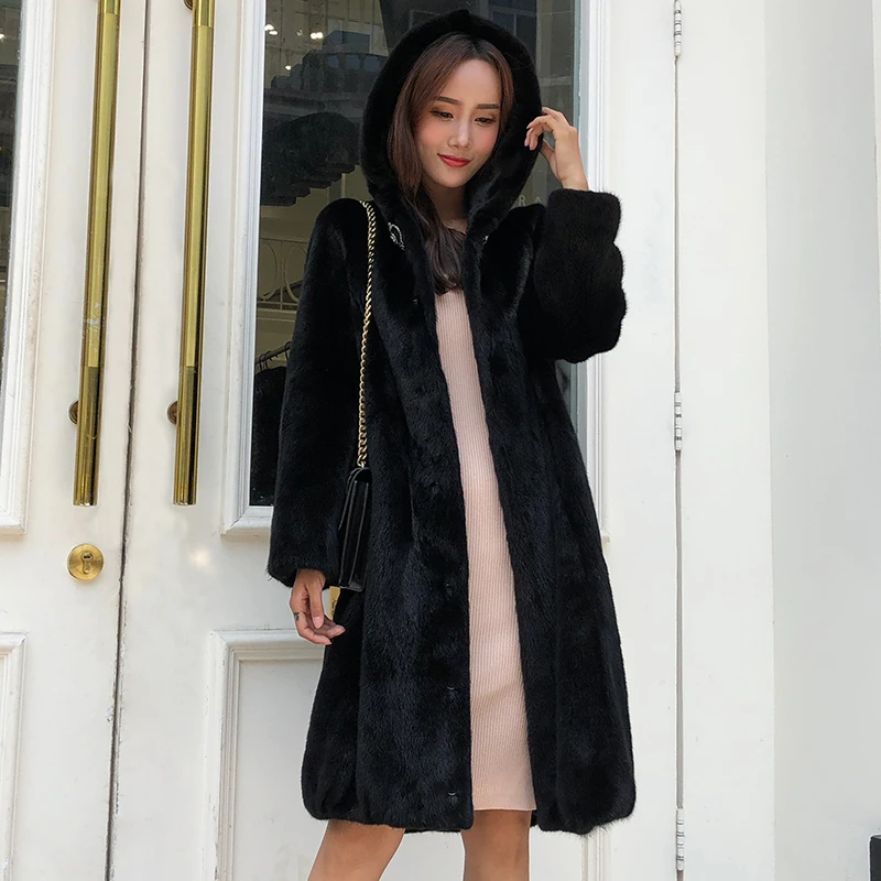 

hooded female Imported tidy fur long section 2023 new winter mink fur coat Korean version of mink fur coat