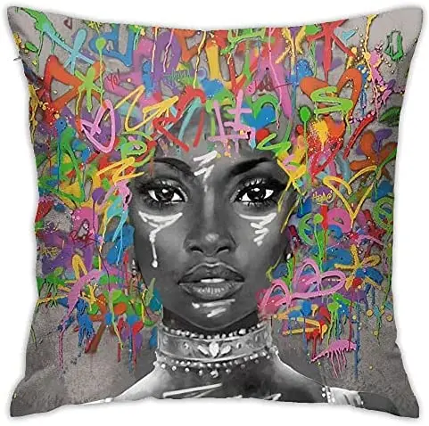 

African American Girl Pillow Case Graffiti Hair Painting Art Black Woman Throw Pillow Cover Home Decoration 18x18in