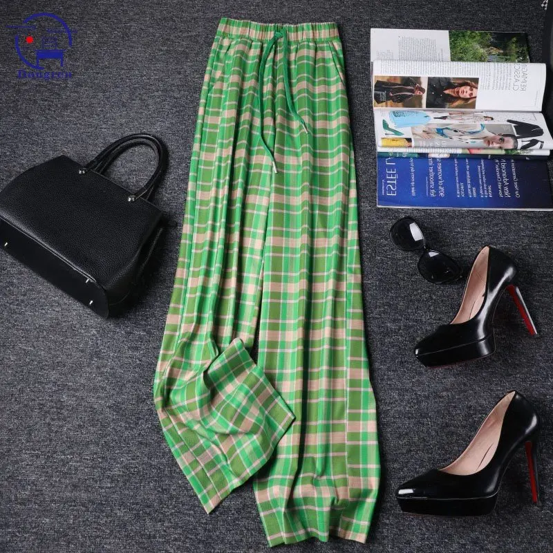 Retro Plaid Casual Pants for Women Summer Plaid Plaid Loose Fashion Wide Leg Pants for Women High Waist Straight Leg Pants