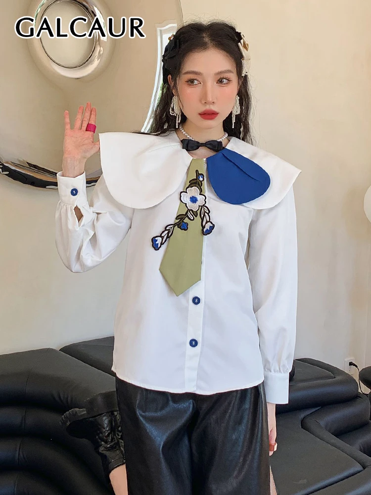 

GALCAUR Patchwork Floral White Shirt For Women Lapel Puff Sleeve Hit Color Casual Blouse Female Summer Clothing Fashion 2022 New