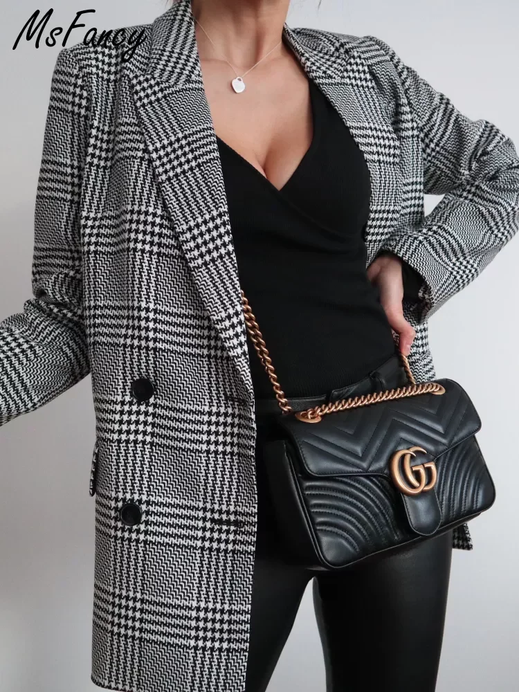 

Msfancy Plaid Blazer Women Vintage Double Breasted Suit Jacket Femme 2022 Oversized Mujer Outwear