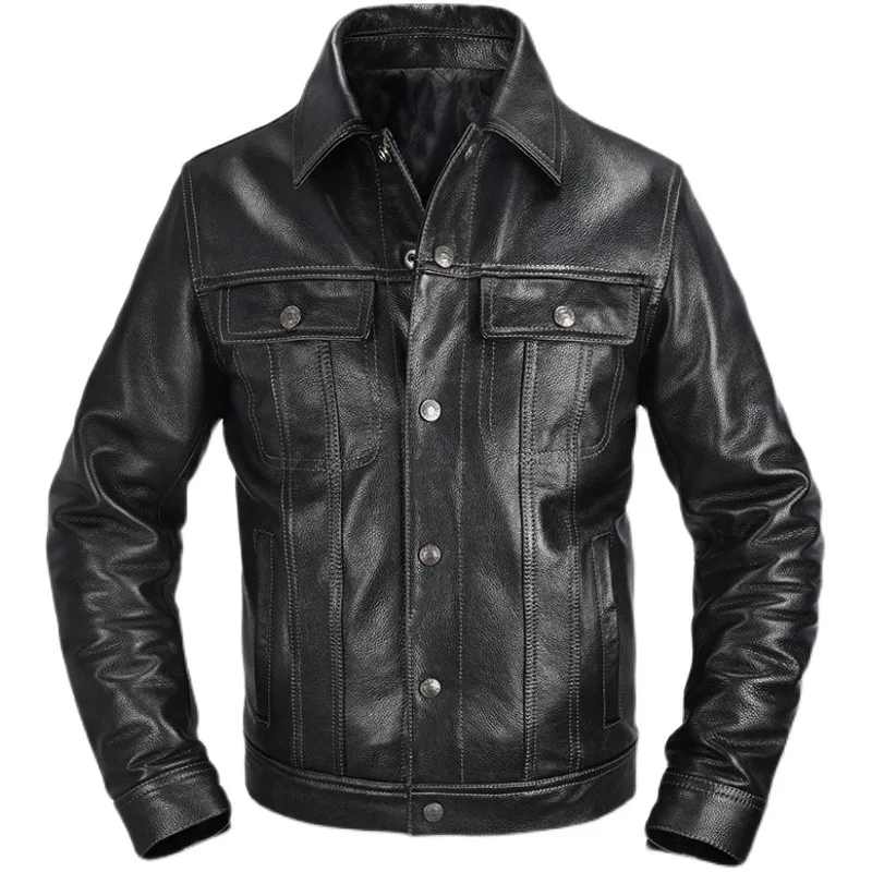 

Black Casual Style Leather Jacket Men Single Breasted Plus Size 4XL Genuine Natural Sheepskin Spring Slim Fit Short Coat