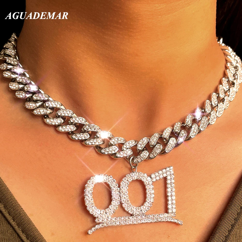 

Hip Hop Punk Rhinestone Paved Miami Cuban Link Chain Necklace Men Women Number 001 456 789 Pendant Necklace Party Jewelry Gifts