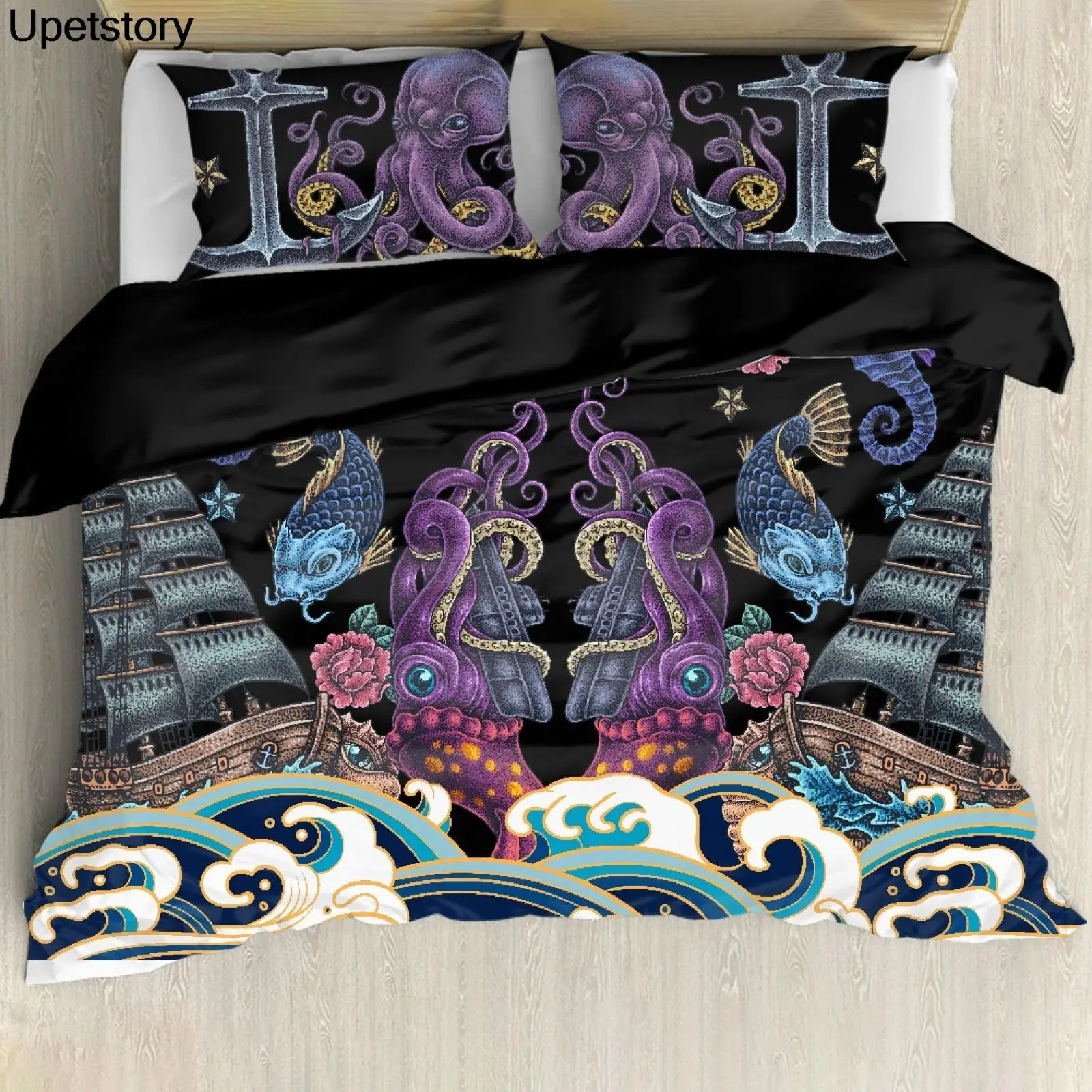 

Upetstory Fashion Cartoon Underwater World Octopus Pattern Was Covered With Pillow Case Demand Customization 3pcs Bedding Set