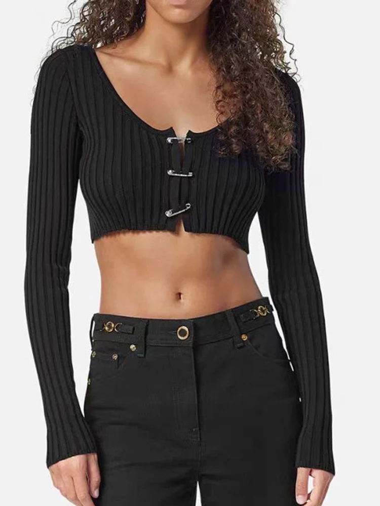 Ретро черный вязаный эластичный короткий кардиган с круглым вырезом и длинными