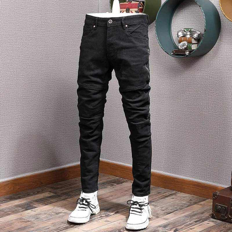 Autumn Black Jeans Men Fashion Slim Fit Straight Pants Streetwear Fashion Patchwork Zip Pocket Cotton Denim Trousers