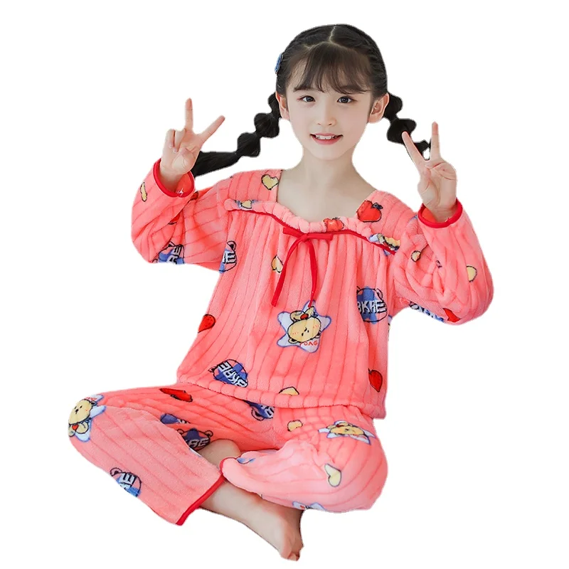 

3-14 Year Wear BIG Girl Autumn Winter Long Sleeve Flannel Pajamas Sets Soft Girl Sleepwear Set Kid Home Wear Student Girl Gifts