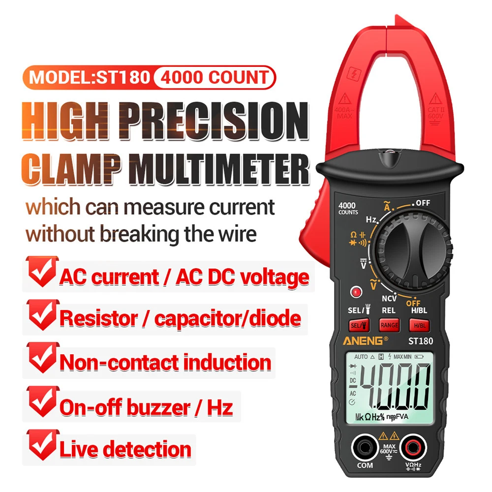 

ANENG Digital Clamp Meter 4000 Counts AC Current Multimeter Ammeter Voltage Tester Frequency Capacitance NCV Ohm Tool Red