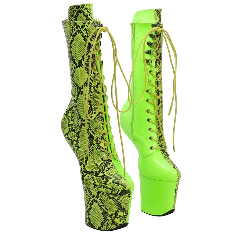 Leecabe Green Snake PU Upper Platform Ankle Boots Sexy Exotic heelless pole dance shoes