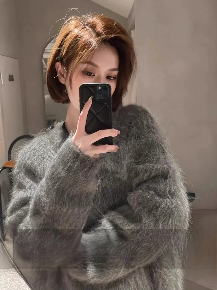 Осень и зима новый свободный серый норковый бархатный свитер женский толстый