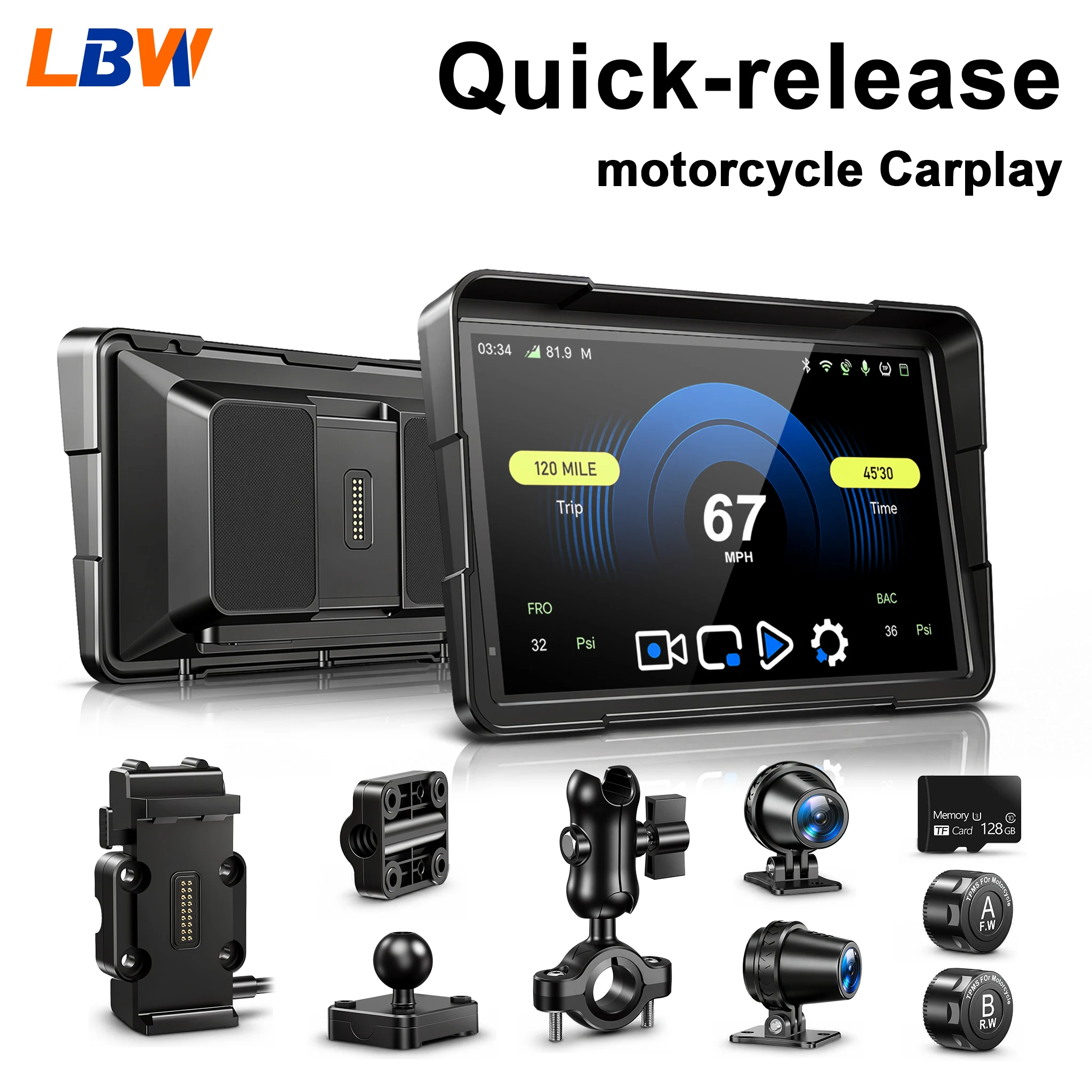 Фото GPS-навигатор LBW 7 дюймов с быстрым креплением для мотоциклов, поддержка CarPlay и Android, включает TPMS и двойные камеры, подходит для всех моделей мотоциклов. №1