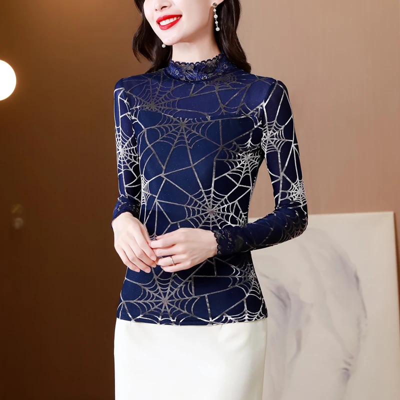 

Korean Fashion Mesh Women Blouses Lace Long Sleeve Women Shirts Navy Office Lady Women Blusas Femininas Elegante Ladies Tops