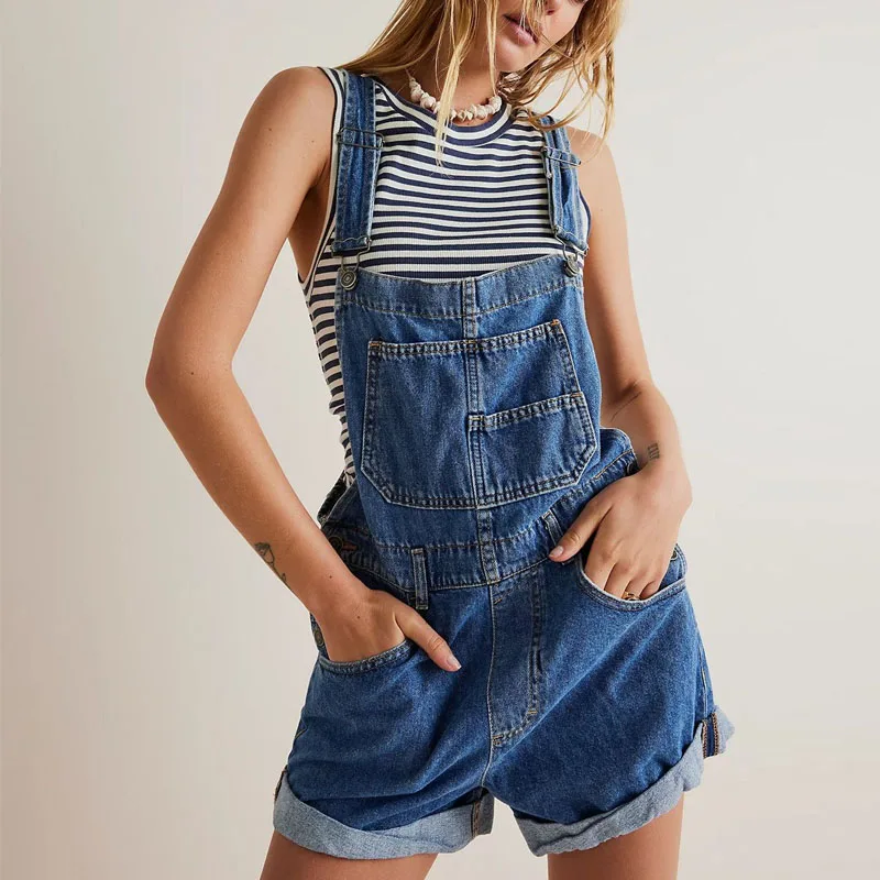 

Fashion Vintage Adjusted Straps Romper Casual Loose Multi-Pockets Strappy Overalls Jumpsuit Denim Jeans Women Shorts Playsuits