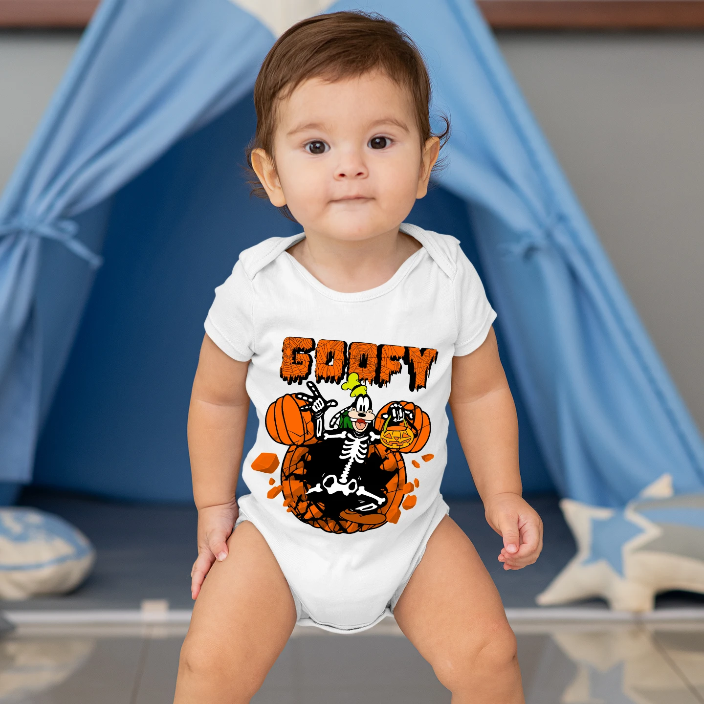

Halloween Disney Brand Mickey Mouse Goofy Baby Onesie Cartoon Character Pattern Kawaii White Cotton 0-12 Months Newborn Baby Cut