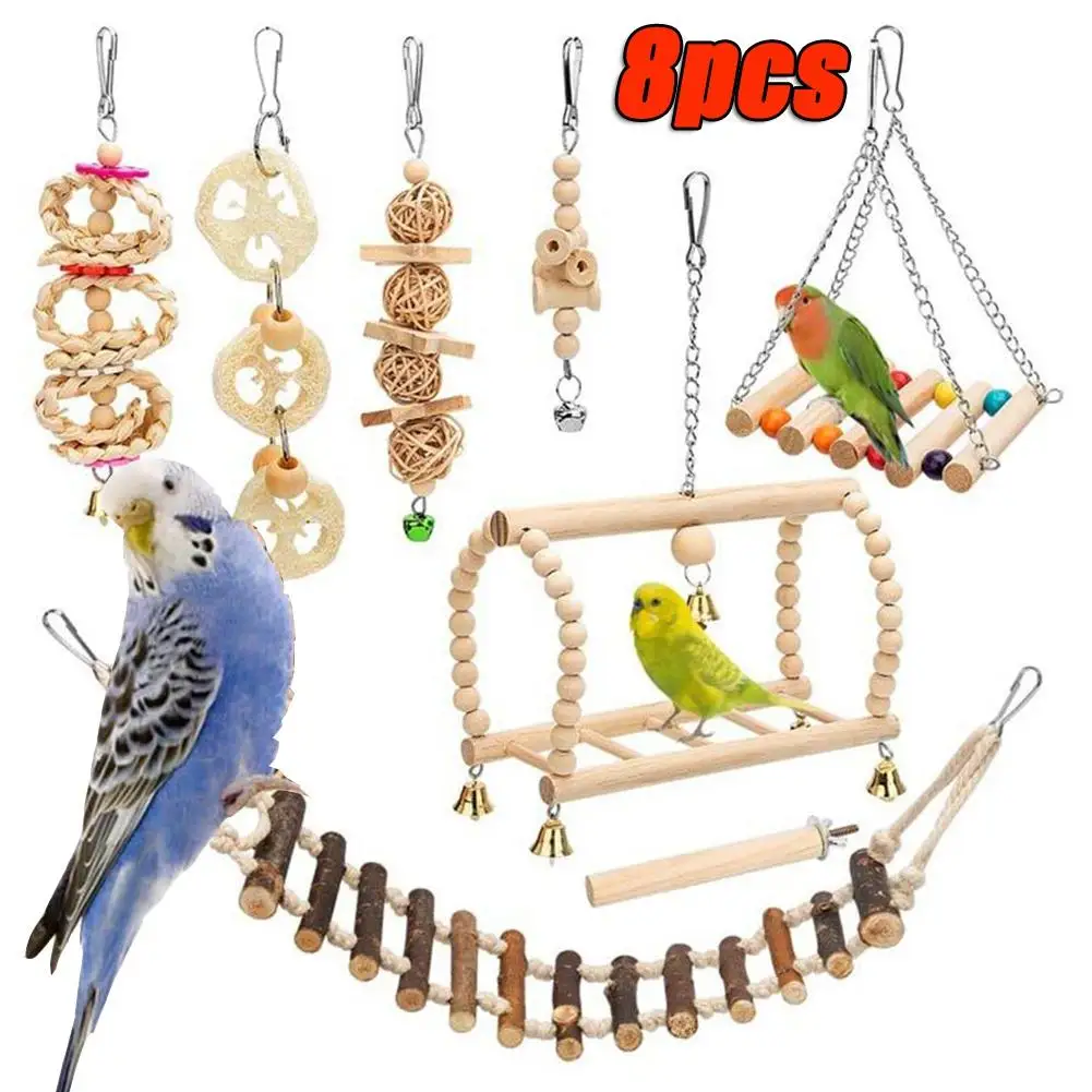 

8 PCS Bird Toy Wooden Healthy Combination Toys Parrot Gnawing Climbing Toys Parrot Bite Pet Bird Toy For Parrot Training
