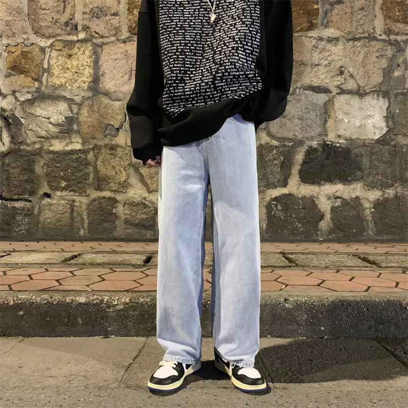 Autumn Side Buttons Jeans Men Harajuku Loose Classic Trousers Denim Straight Casual Streetwear Large Size S-3XL College Students