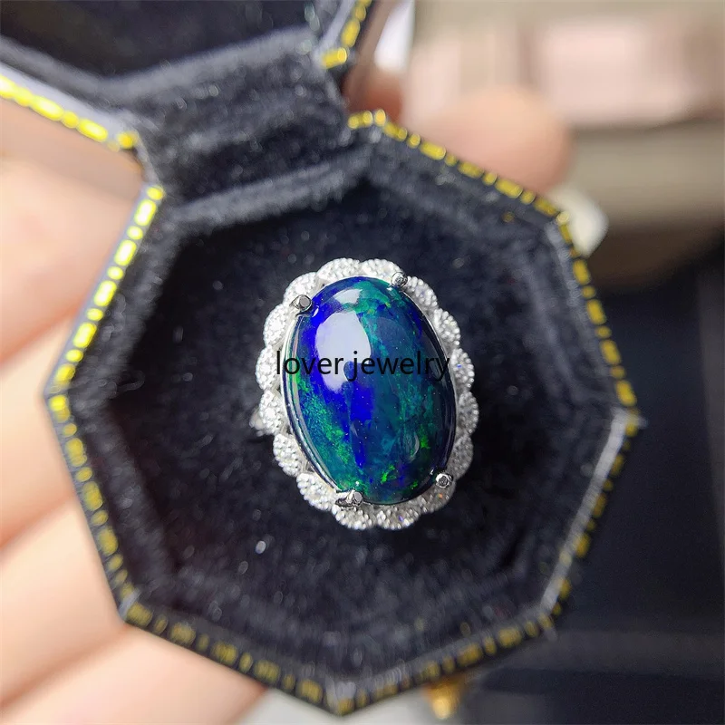 

YULEM Big Size Natural Black Opal 5ct with Fashion Design Opal Ring Fine Jewelry 925 Sterling Silver Ring