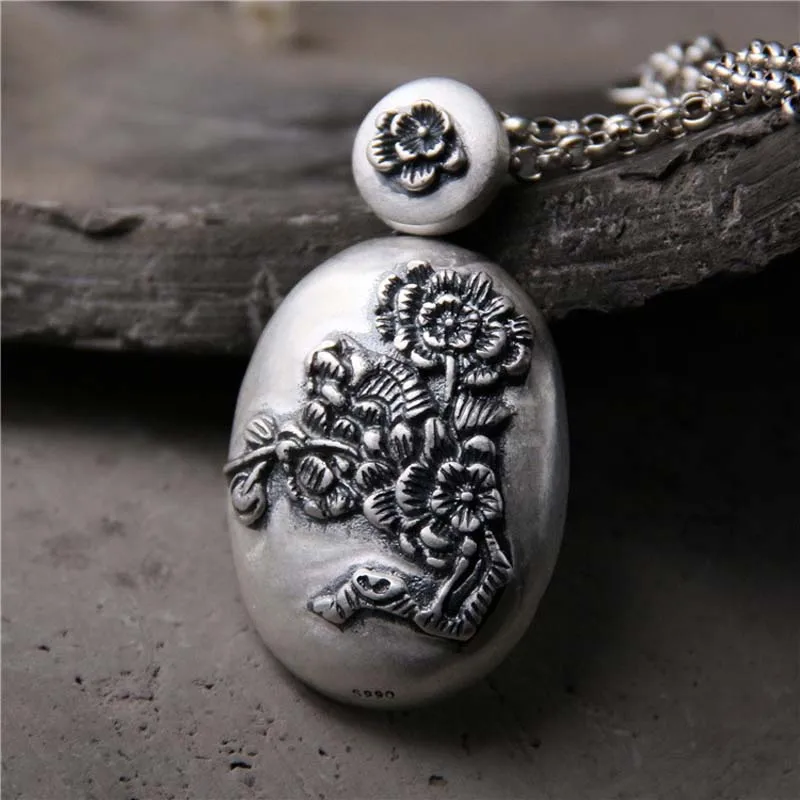 

Real S990 Sterling Silver Vintage Carved Peony Sweater Chain Women's Large Pendant MeibaPJ Exquisite Commemorative Gift Jewelry
