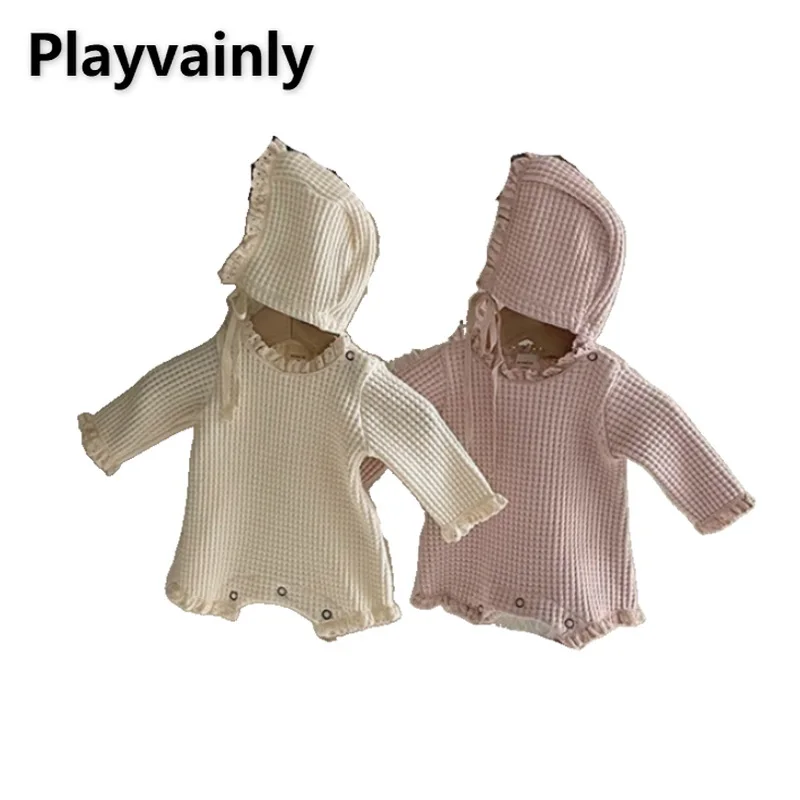 

2022 New Spring Baby Girl Boy Romper Waffle Plaid Long Sleeve Bodysuit Jumpsuit+Cap Newborn Clothes E9211